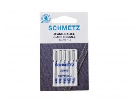 Schmetz jeansnaalden. 130/705 H J.  Naalddiktes: 2 van 90/14  2 van100/16  1 van 110/18  Doosje met 5 naalden