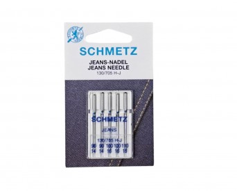 Schmetz jeansnaalden. 130/705 H J.  Naalddiktes: 2 van 90/14  2 van100/16  1 van 110/18  Doosje met 5 naalden