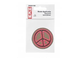 Applicatie opstrijkbaar  Vredesteken roze, legergroen afgezet met kraaltjes  Doorsnee: 5,5 cm