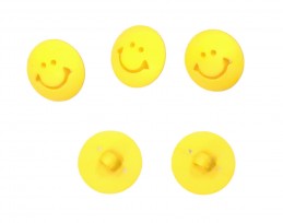 Smiley kunststof knoop Geel  16 mm doorsnee.  Op een steeltje