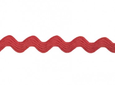 Zigzagband rood  Breedte ongeveer 9 mm. (Gemeten aan de buitenkant van de boogjes)  De golf is ongeveer 4 mm breed.  100% poly