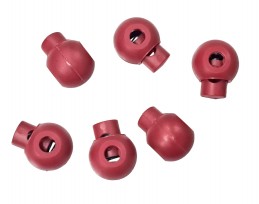 Koordstopper grote bol met 1 gat  Rood  Doorsnee bol 18 mm  Lengte 22 mm  Kunststof met een metalen veertje.