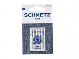 Schmetz jeansnaalden. 130/705 H J.  Naalddiktes: 2 van 90/14  2 van100/16  1 van 110/18  Doosje met 5 naalden