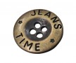 Jeansknoop van metaal met afgeronde rand.  Oudgoud.  Met de woorden: Jeans Time  Doorsnee ongeveer 15 mm.