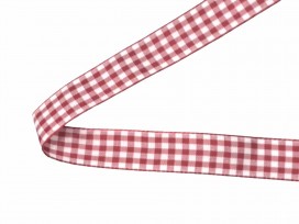 Rood/wit geruit sierlint van 15 mm breed. 100% polyester boerenbont sierlint met bb ruitjes