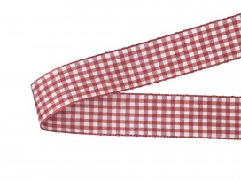 Rood/wit geruit sierlint 2.5 cm breed. 100% polyester boerenbont sierlint met bb ruitjes