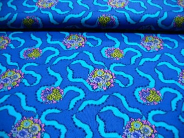 Quiltkatoen Blauw met aqua krinkel en bloem  Coupon 60cm